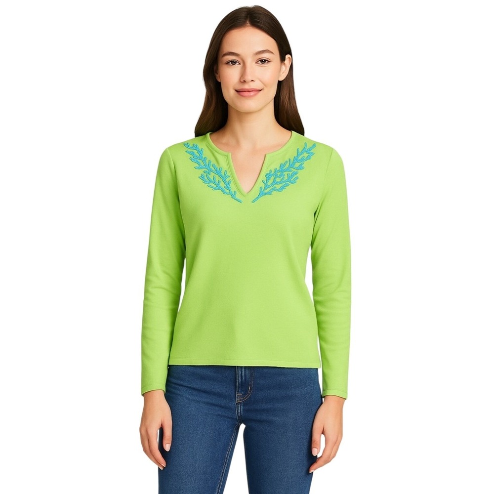 J McLaughlin Lime Green Beaded V Neck Long Sleeve Sweater Top Women's Size S